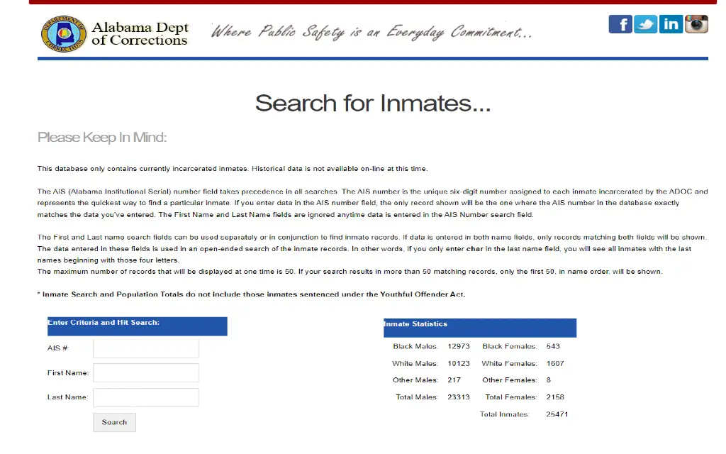 The Alabama DOC website where state prisoners can be searched by first and last name. 