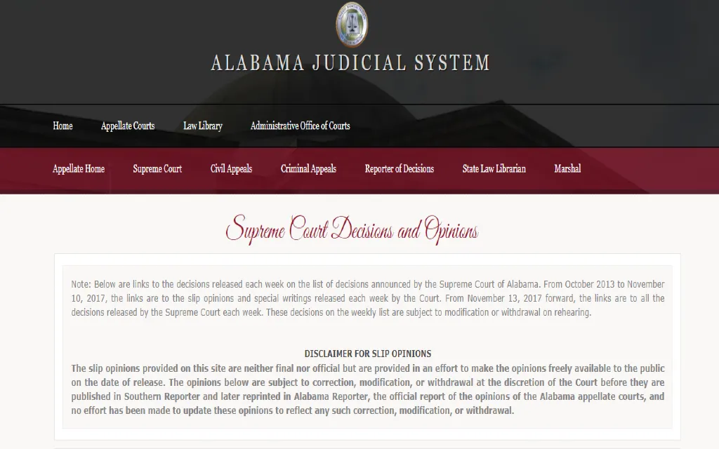 A screenshot of Alabama's Judicial Website showing the supreme courts decisions and opinions. 