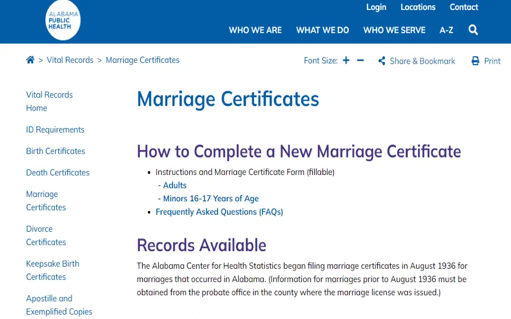A screenshot showing free marriage records and copies of certificates can be obtained through the Alabama Public Health Department. 