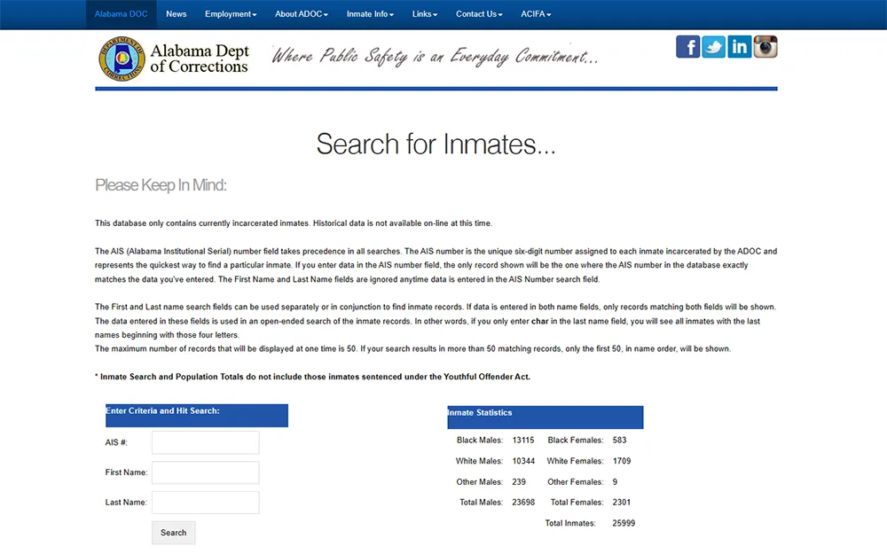 A screenshot from Alabama department of corrections website's search for inmates page showing a reminder, an empty search criteria, and inmate statistics.