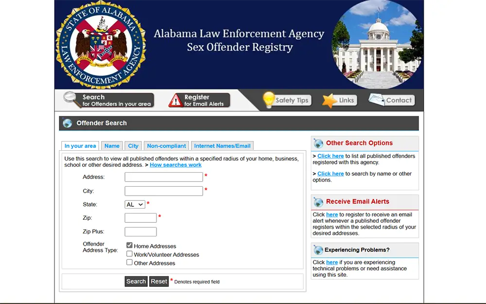 A screenshot from Alabama law enforcement agency sex offender registry website's offender search page showing an empty search criteria.