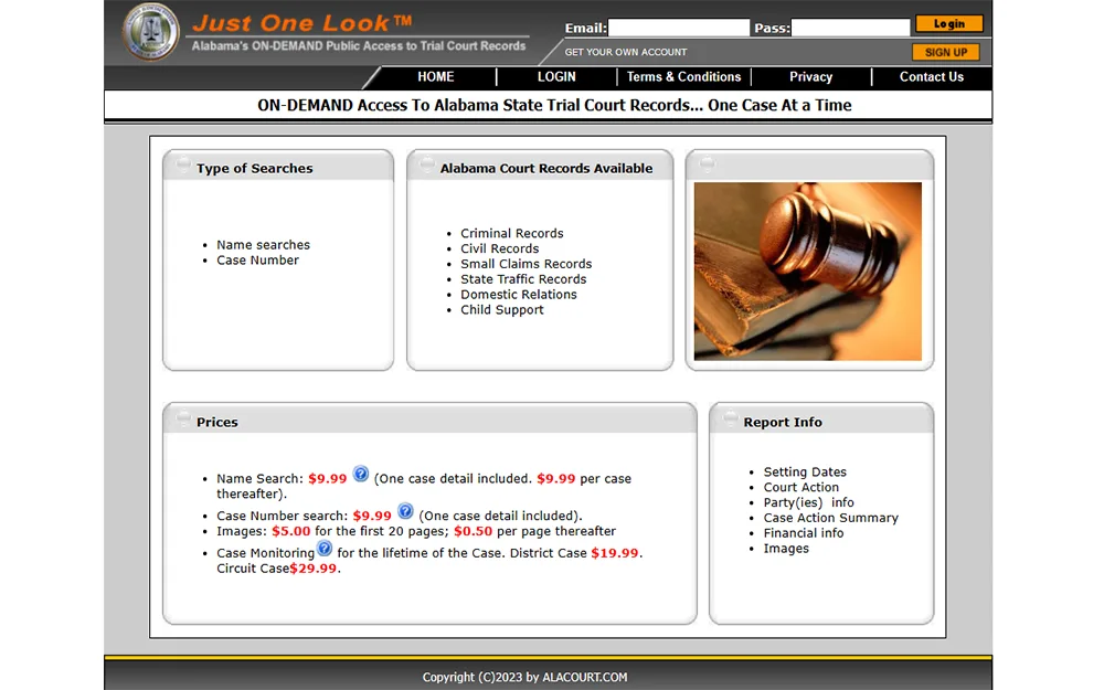 A screenshot from Alabama's on demand public access to trial court records website's homepage.