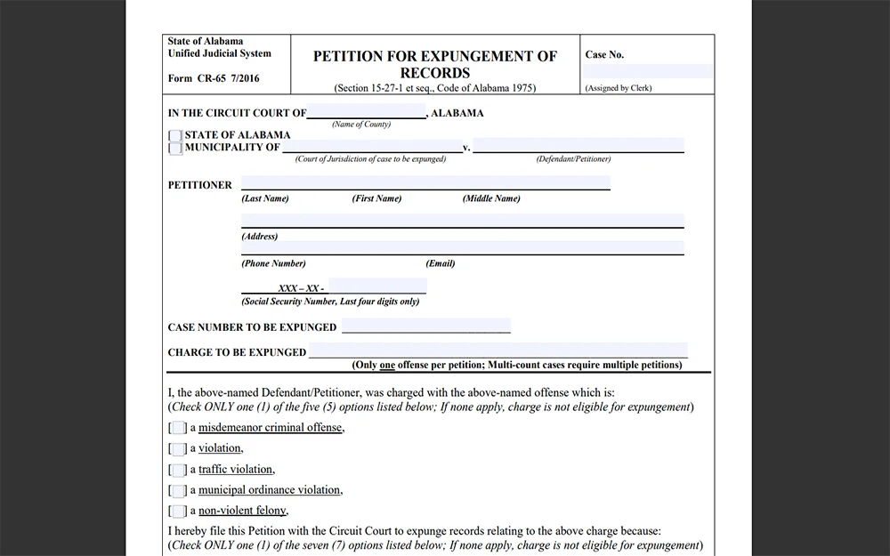 A screenshot of an empty form of an Alabama petition for expungement of records.