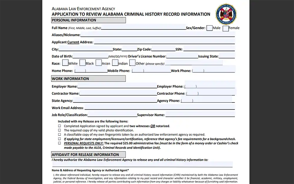 A screenshot of an empty form of an application to review Alabama criminal history record information.