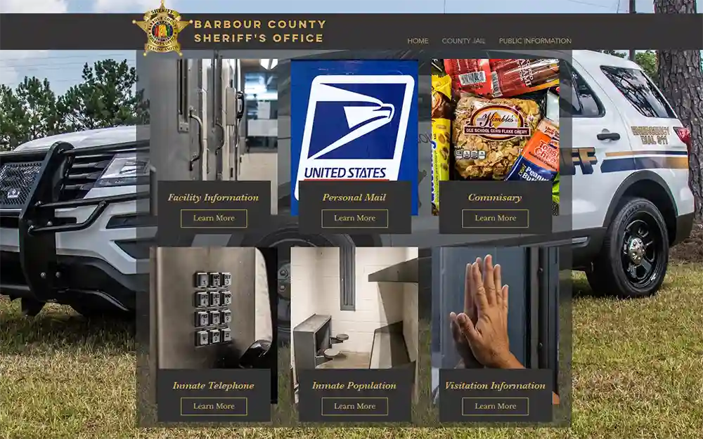 A screenshot from Barbour county sheriff's office website's homepage showing six learn more buttons of the different services they provide such as facility information, personal mail, commissary, inmate telephone, inmate population, and visitation information.