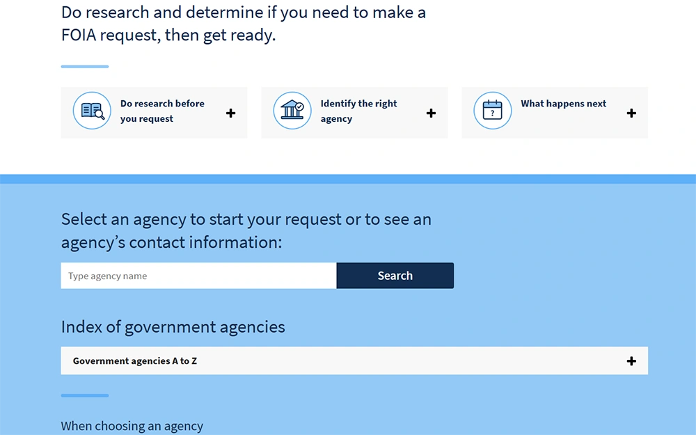 A screenshot from the government's central website for freedom of information act showing the agency search section with an empty agency name search bar and an index of government agencies dropdown.