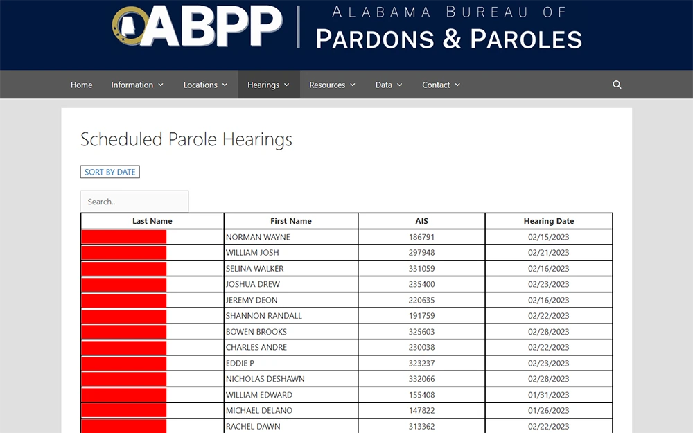 A screenshot from Alabama bureau of pardons and paroles website's scheduled parole hearings page showing a table containing names with corresponding hearing date.