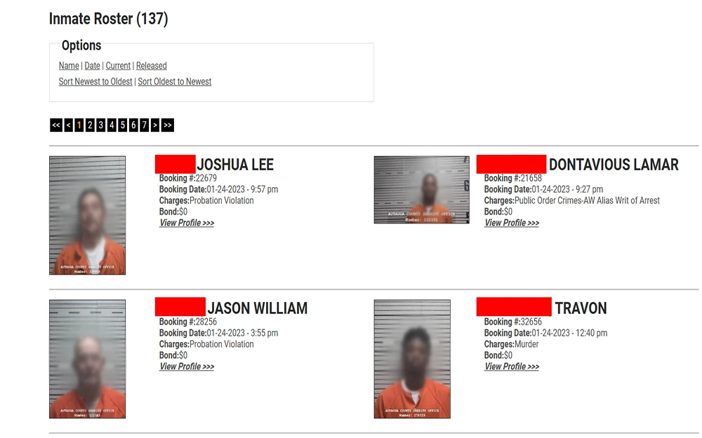 A screenshot from Autauga county sheriff's office website's current inmate roster page showing four faces of different inmates with corresponding names and descriptions.