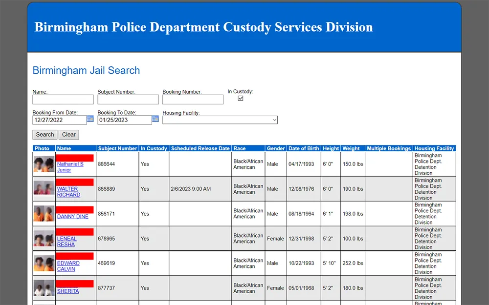 A screenshot from Birmingham police department website's inmate search page showing a table with photos of inmates with corresponding name, subject number, in custody, scheduled release date, race, gender, date of birth, height, weight, multiple bookings and housing facility, and an empty search bars can be seen above the table to filter search results.