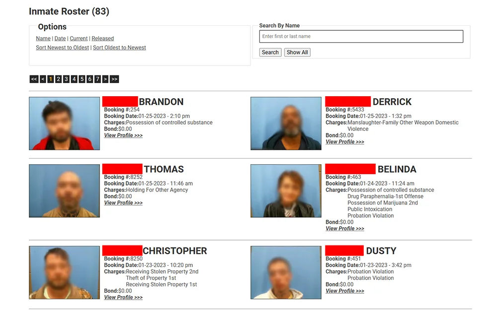 A screenshot from Franklin sheriff's office current inmate roster showing six different faces of inmates with corresponding names and descriptions.