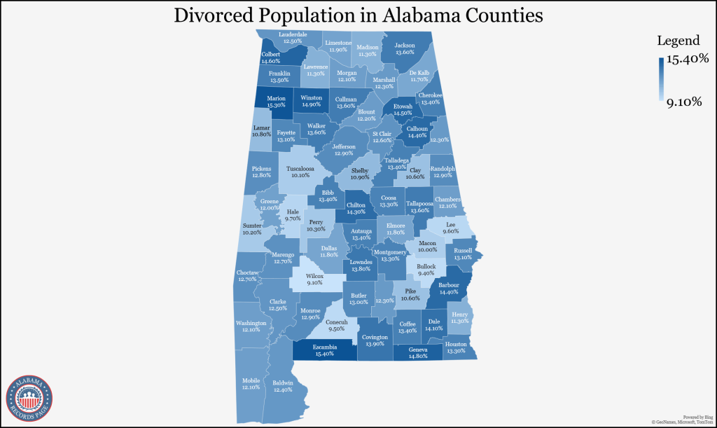 An image showing the map of Alabama divided into counties with 5-year estimates up to 2021 total divorce population data. 