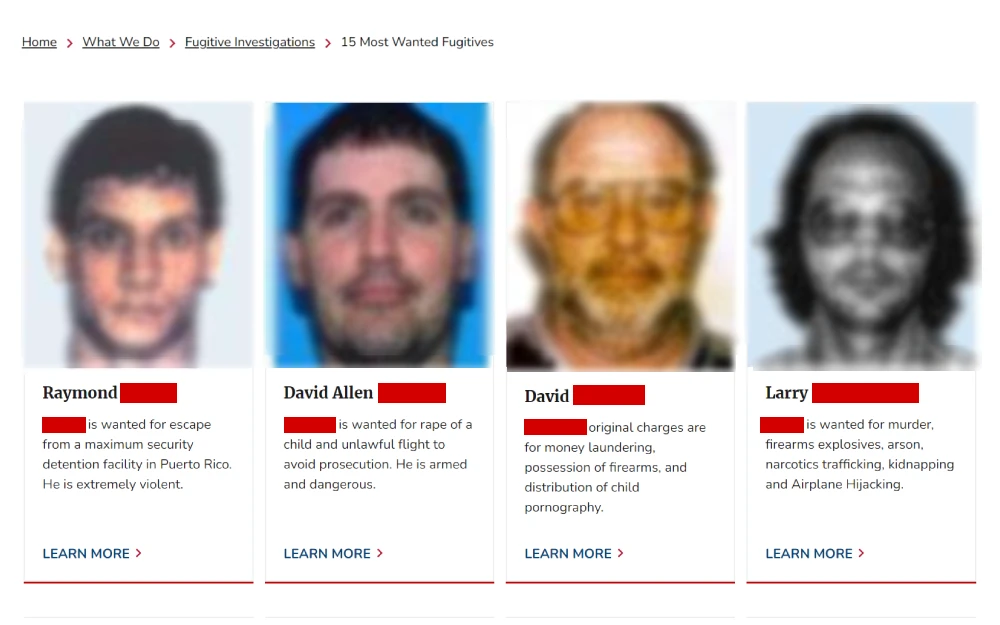 A screenshot showing the 15 most wanted fugitives from the United States Marshal Department of Justice that states their preview photo, name, and description.