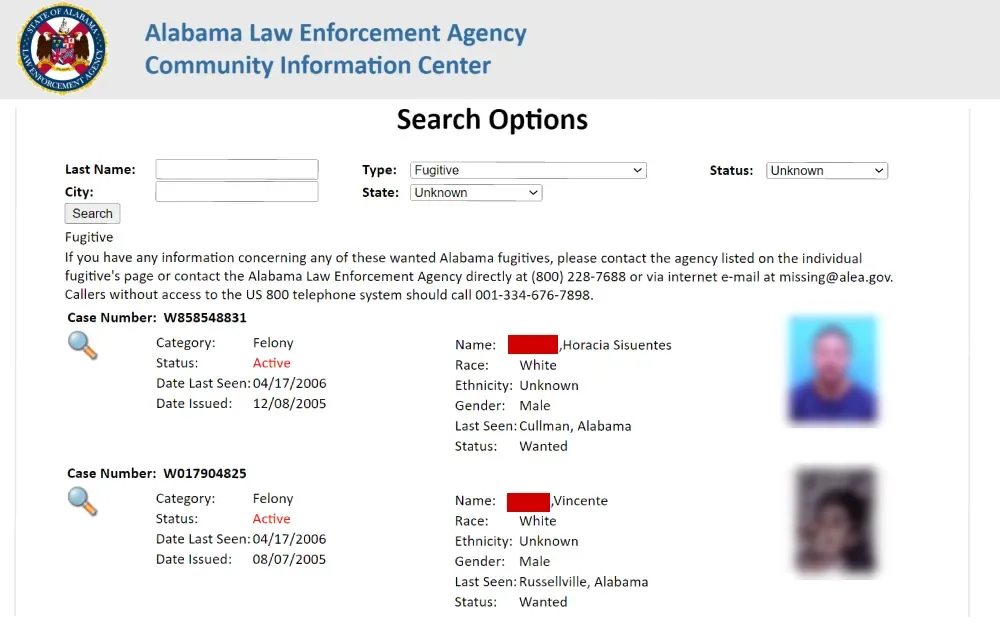A screenshot of a case search tool from the Alabama Law Enforcement Agency Community Information Center by entering the last name, and city and selecting from the type, state, and status dropdown box.