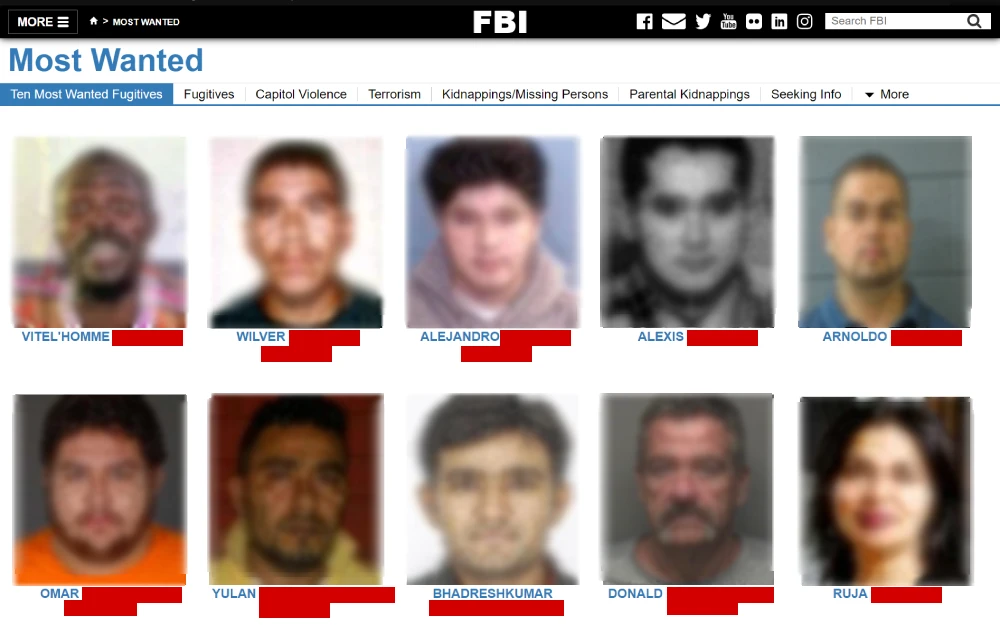 A screenshot showing the historical pictures of the official list of FBI's ten most wanted fugitives maintained on the Federal Bureau of Investigation website.