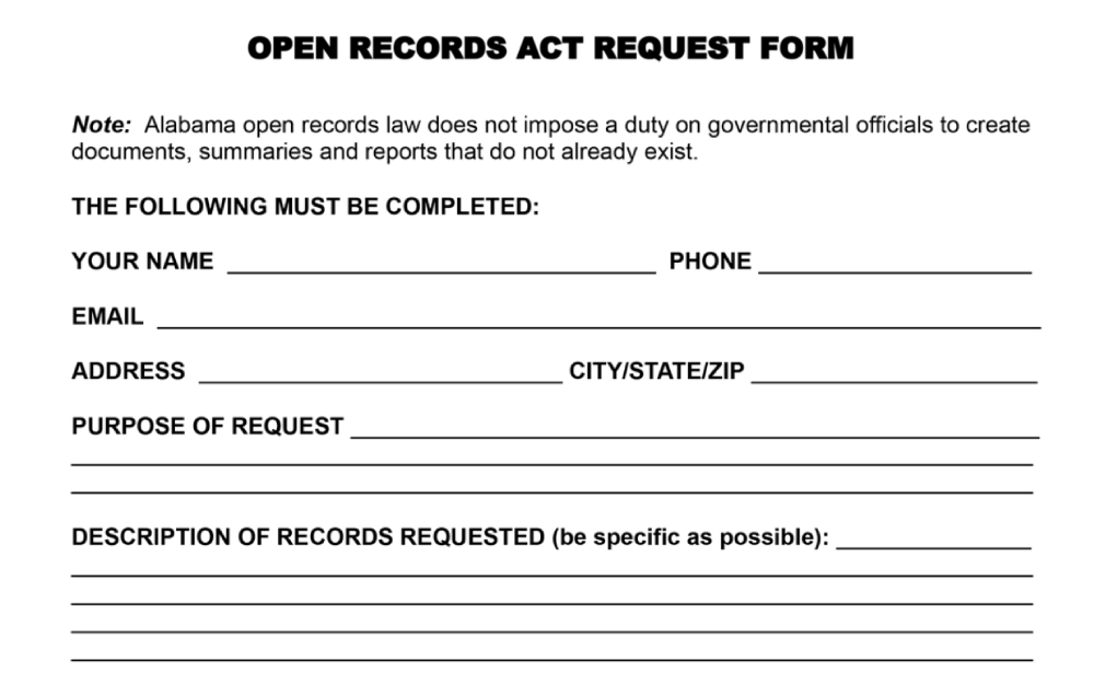 A screenshot of the Open Records Act Request Form that requires to be filled in with some information such as name, phone, email address, city, state, ZIP, the purpose of the request, and description of records requested.