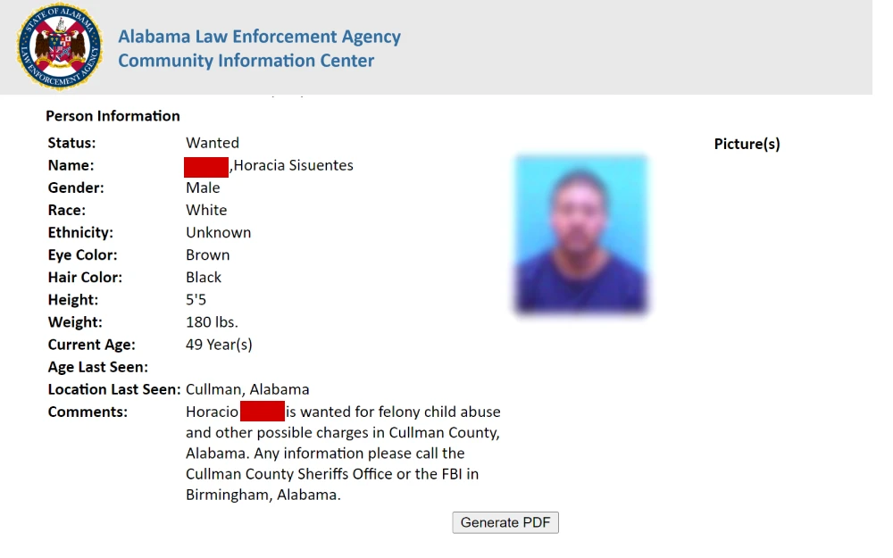 A screenshot of wanted information showing personal information such as status, name, gender, race, ethnicity, eye color, hair color, height, weight and other information from the Alabama Law Enforcement Agency Community Information Center.