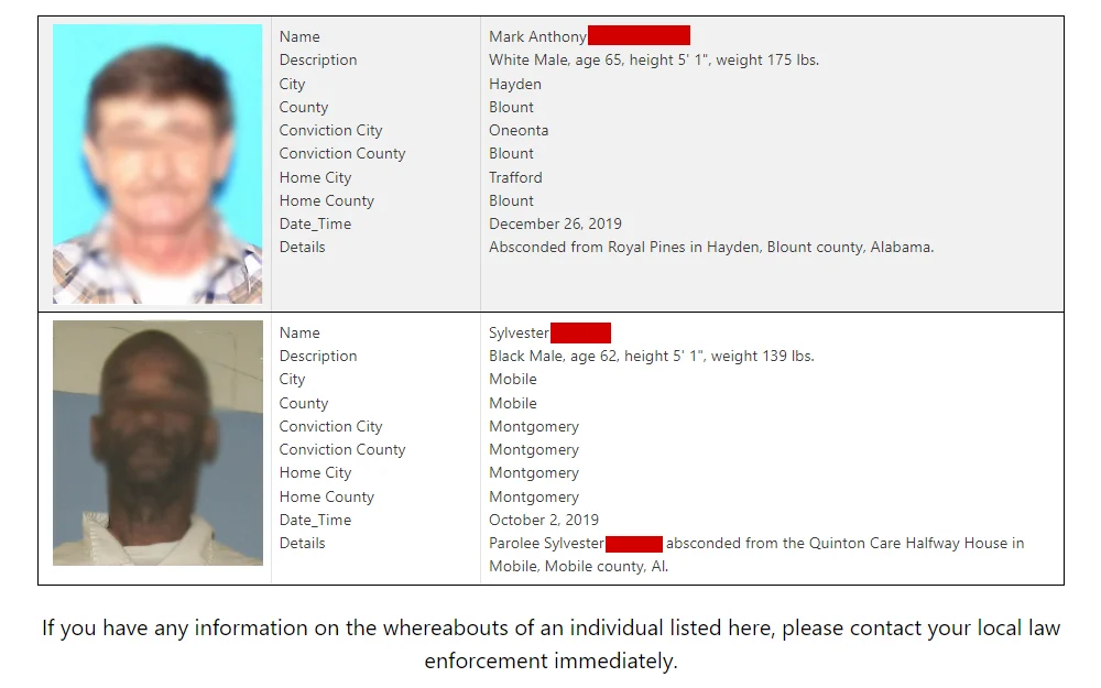 Screenshot of the absconder list, displaying their mugshot, full name, description, cities and counties, and the date, time, and details of escape.