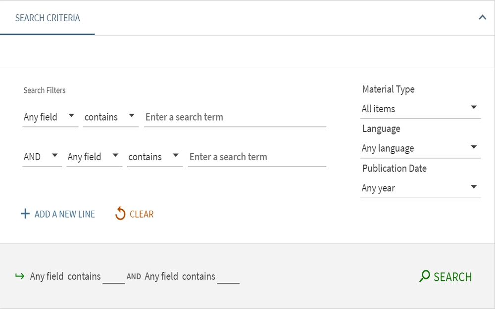 An advanced search query with multiple filters, including dropdown menus to specify the search criteria by any field, material type, language, and publication date, with options to add new lines or clear the current search.