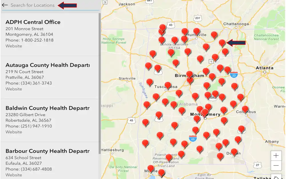 A map of Alabama with red pins indicating the locations of various county health departments alongside a sidebar listing contact details for the central office in Montgomery and other county health departments.