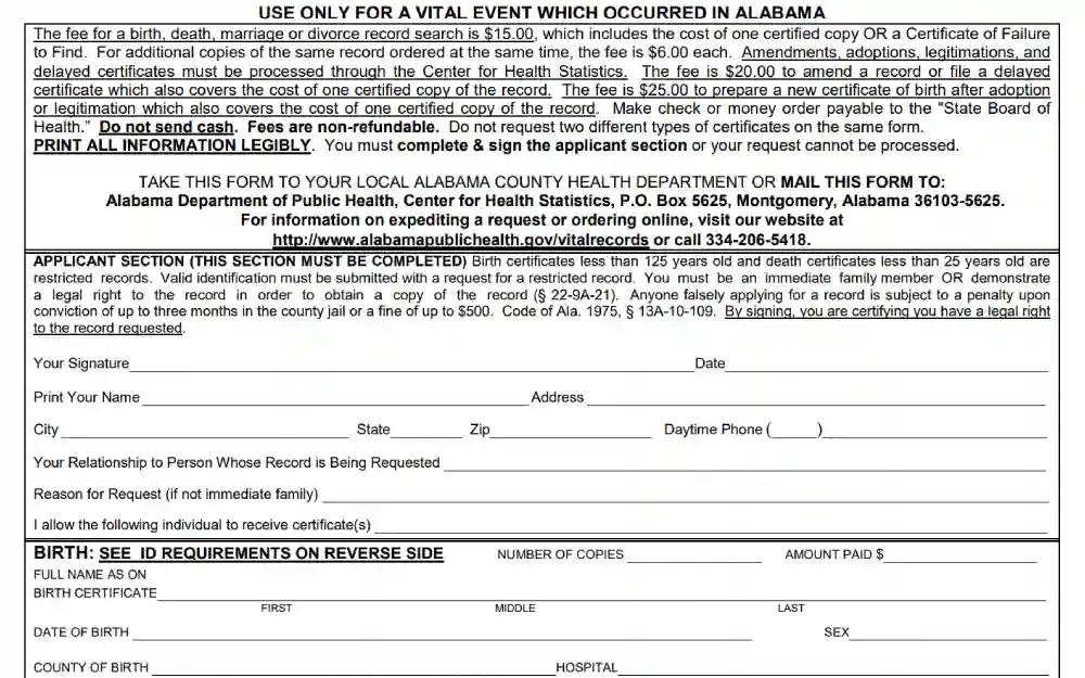An application form requesting vital event documents in Alabama detailing the fees for various types of records, instructions for submission and sections for applicant information, the number of copies requested, and the amount paid.