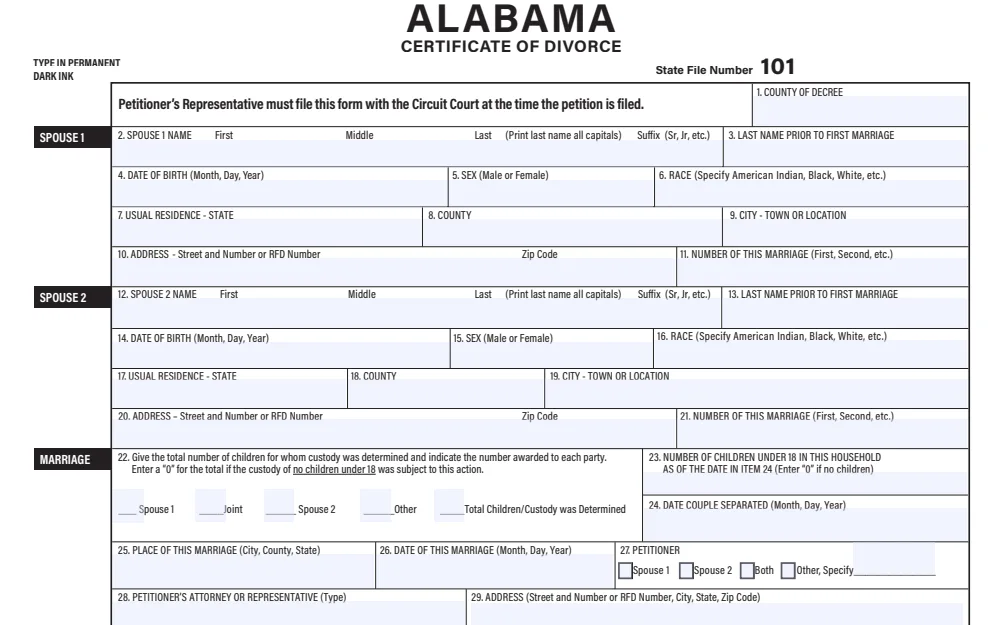 Screenshot of the certificate of divorce form from the Madison County Circuit Clerk asking for information such as spouses’ names, sex, race, residence, date of birth, number of marriages, number of children, the county of decree, and marriage details.