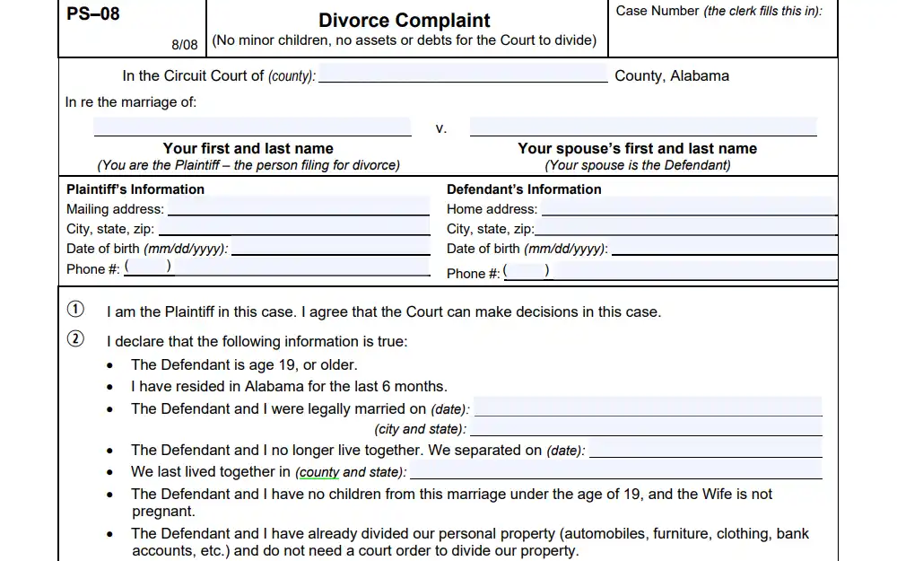 Screenshot of the divorce complaint form from Alabama State Bar, displaying fields for case number, county, full names of plaintiff and defendant, their respective addresses and contact information, date and place of marriage, date of separation, and the address where the couple last lived together.