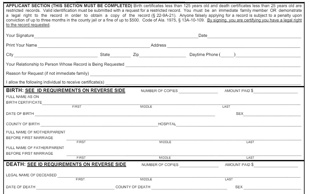 A screenshot features an apostille or exemplified copy of vital records from the Alabama Department of Public Health (ADPH) website, with information that needs to be completed, such as signature, name, city, date, address, and birth or death details. 