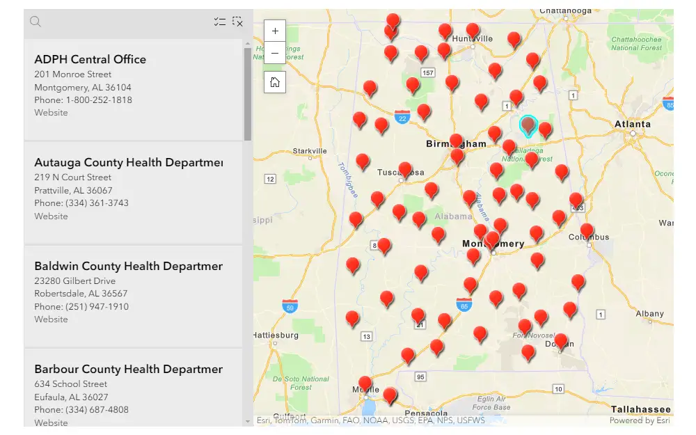 Screenshot of the map of Alabama with red pins indicating the locations of the health departments in the state, with the left side panel listing the respective addresses, contact information, and websites of the offices.