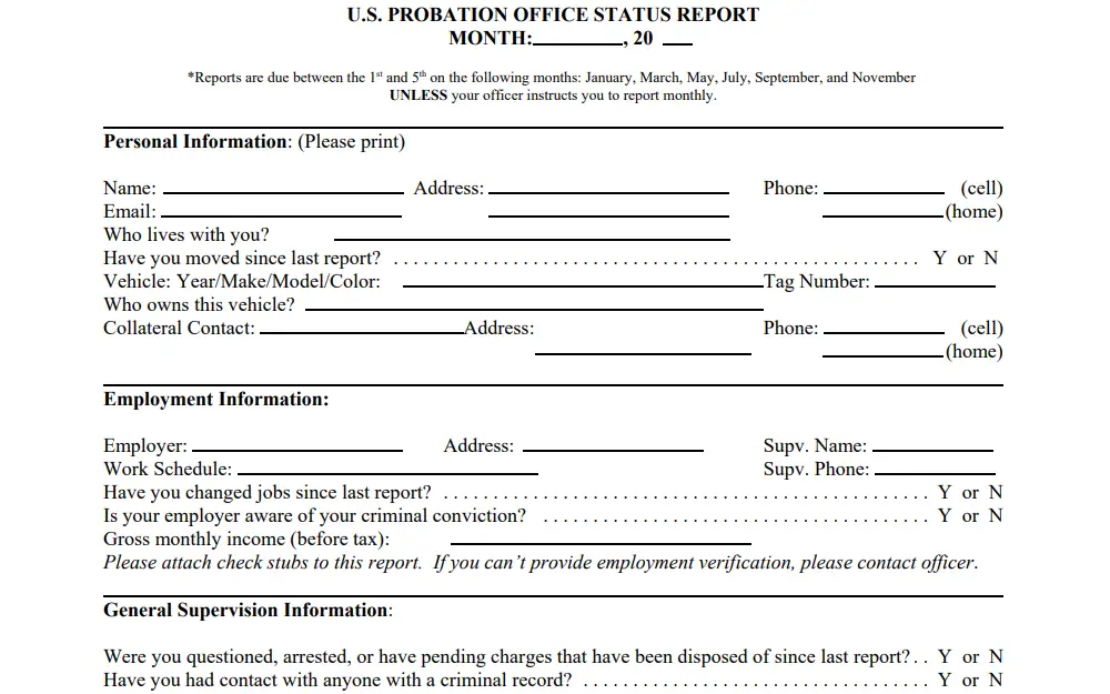 Screenshot of the status report form provided by the U.S. Probation and Pretrial Services for Northern District of Alabama showing the first three sections including personal information, employment information, and general supervision information, with both answer fields and "yes or no" options depending on the required details.