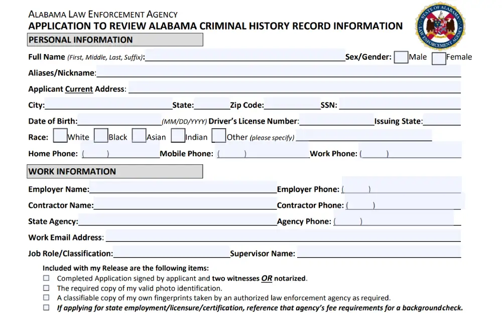 A screenshot of an application form from the Alabama Law Enforcement Agency for reviewing personal background information, featuring sections for personal and work details and requirements for submission.