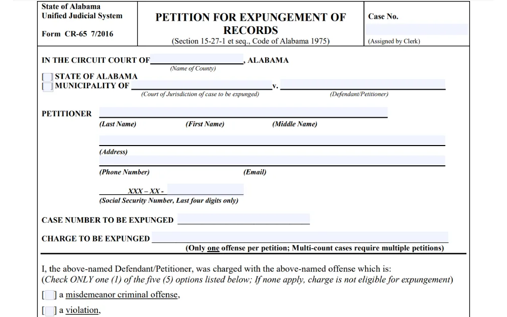 A screenshot of a legal form titled "Petition for Expungement of Records" from the State of Alabama's Unified Judicial System, designed for individuals seeking to clear a specific charge from their records, including fields for personal details and the specific case and charge information.