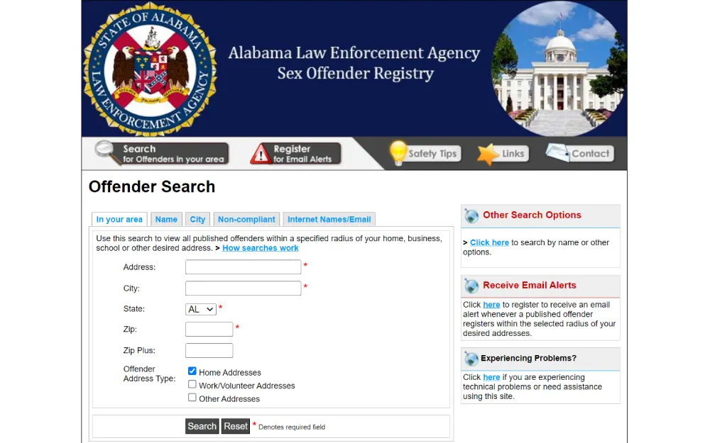 A screenshot of the Alabama Law Enforcement Agency's website section for searching registered offenders, featuring multiple tabs for area, name, and city searches, along with options for receiving email alerts and assistance for users.