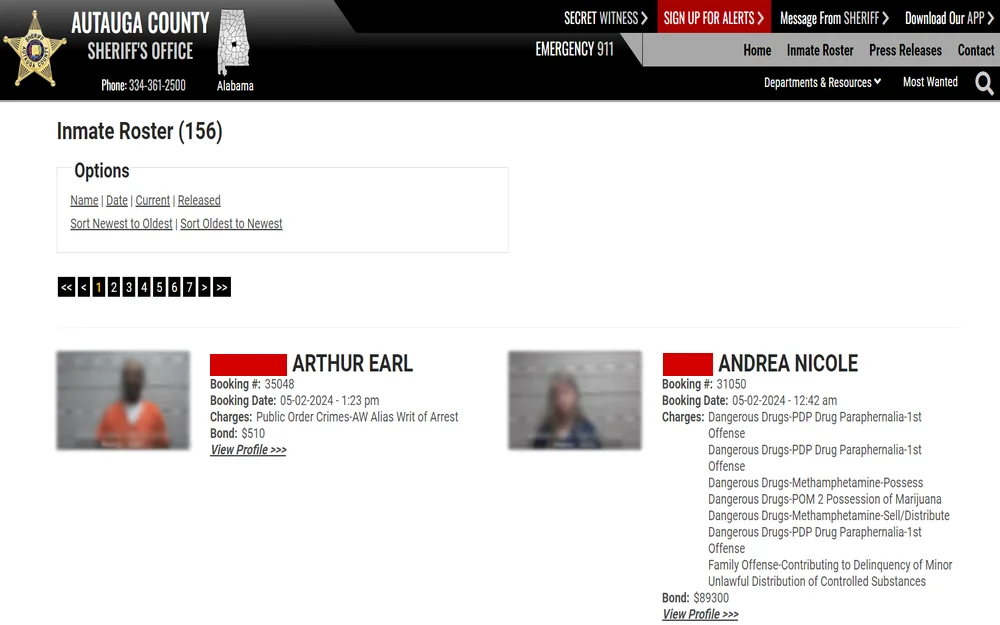 A screenshot of the Autauga County Sheriff's Office website displays an inmate roster with options to sort by name, date, and release status, featuring detailed profiles of two inmates, including their booking information and charges.