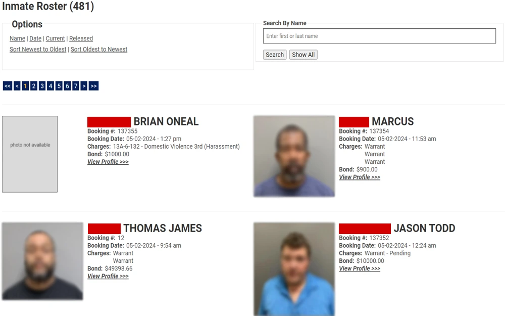 A screenshot from the Morgan County Sheriff's Office webpage displaying an inmate roster, with sorting options and a search field, showing profiles of four inmates including their photos, booking numbers, dates, charges, and bond amounts.